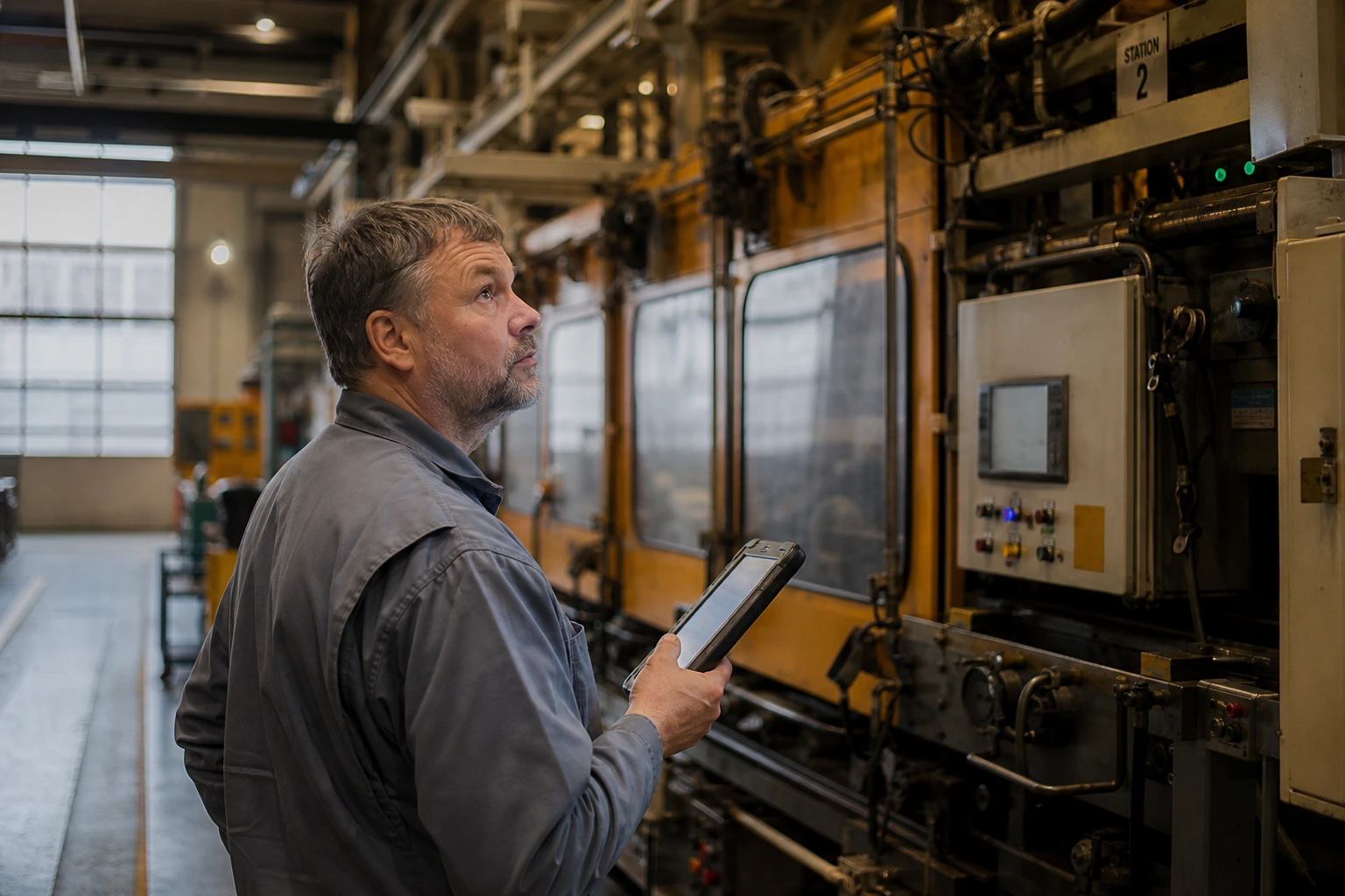 Ein Techniker mit Tablet prüft eine Produktionsanlage in der Werkhalle