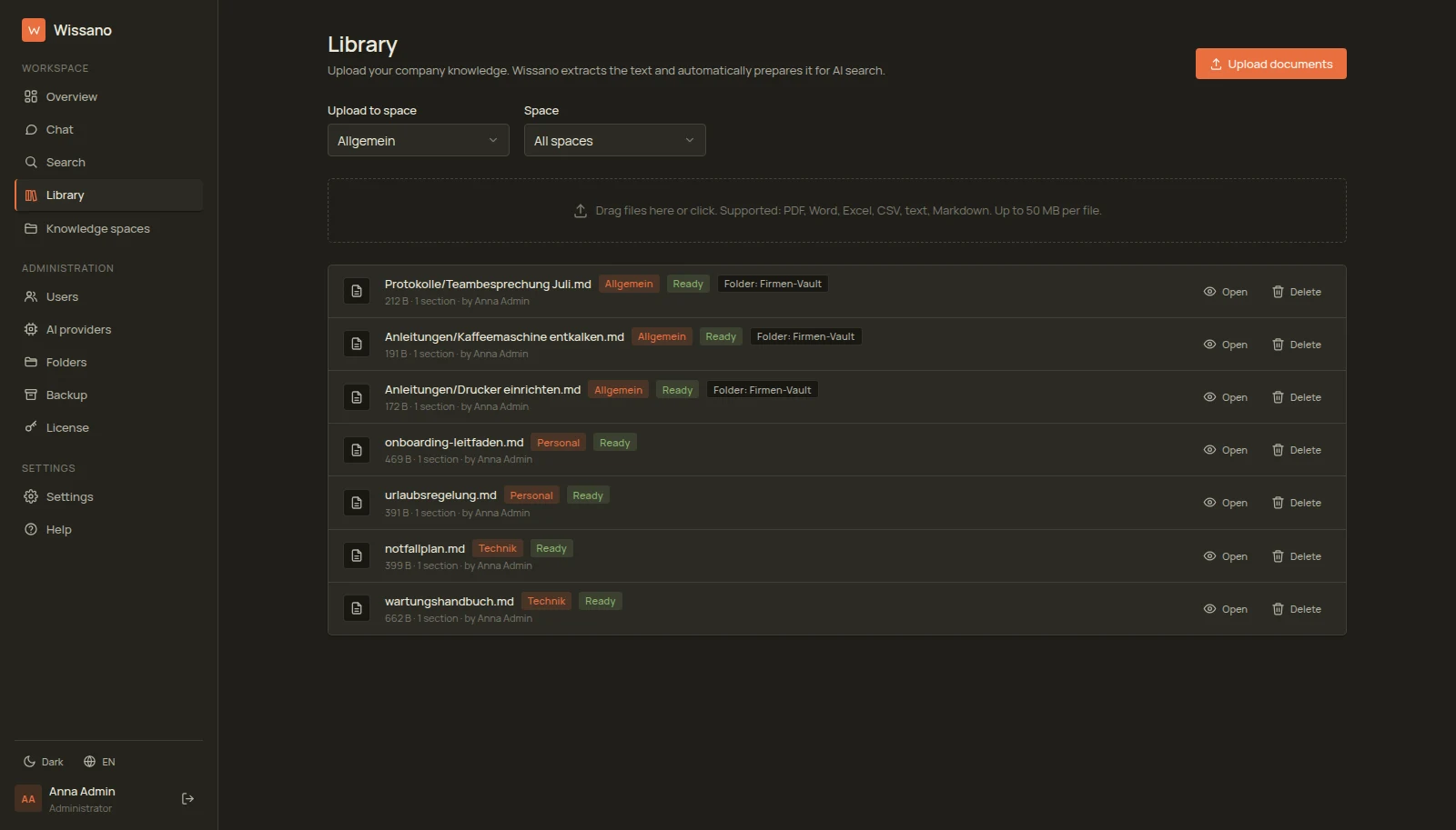 Real Wissano view: the library with uploaded documents, space assignment and processing status, dark theme