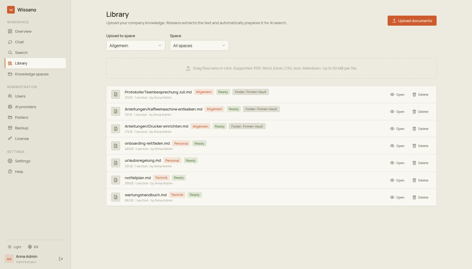 Real Wissano view: the library with uploaded documents, space assignment and processing status, light theme