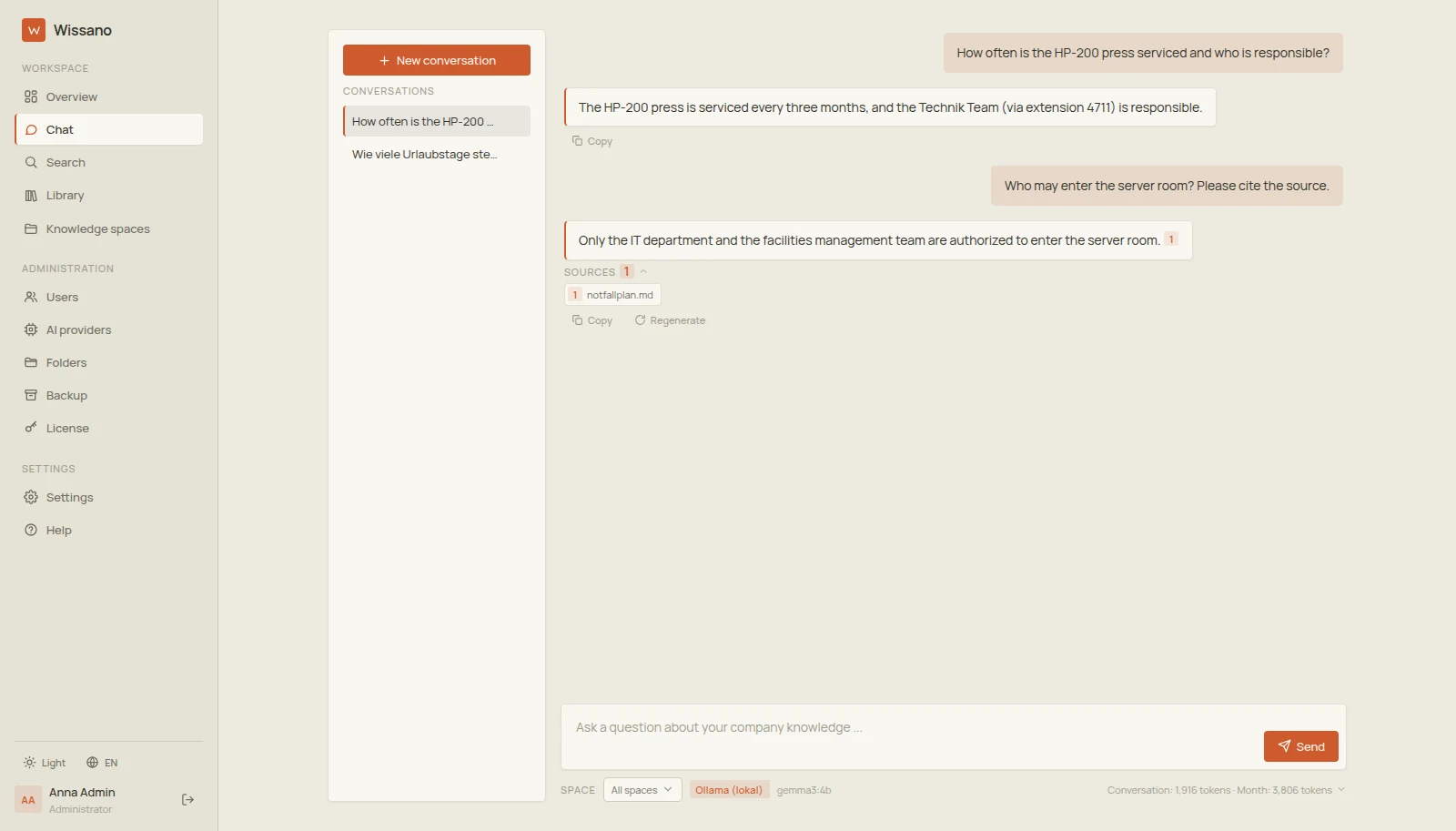 Real Wissano view: the chat answers a question with cited sources, space filter and token counter, light theme