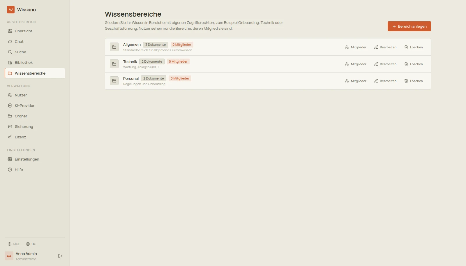 Echte Wissano-Ansicht: Wissensbereiche mit Dokument- und Mitgliederzahlen und Mitgliederverwaltung, helles Design