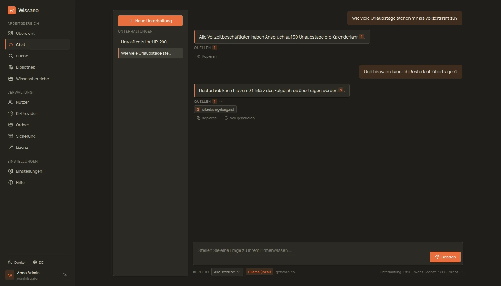 Echte Wissano-Ansicht: Der Chat beantwortet eine Frage mit belegten Quellen, Bereichsfilter und Token-Zähler, dunkles Design
