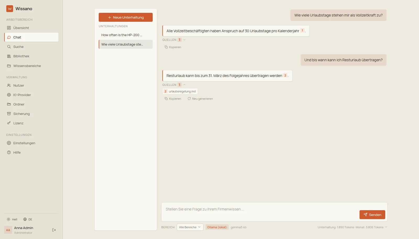 Echte Wissano-Ansicht: Der Chat beantwortet eine Frage mit belegten Quellen, Bereichsfilter und Token-Zähler, helles Design