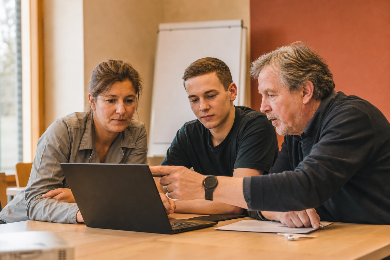 Ausbilder erklärt neuen Kollegen die Abläufe im Schulungsraum